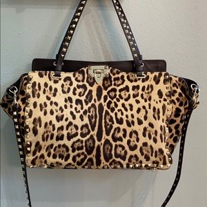 Valentino Leopard Rockstud Medium Tote Bag